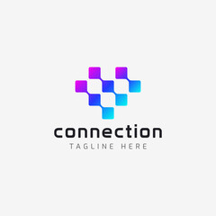 Connection Logo Futuristic from Love Shape from Pixel Idea and Network. Sign Symbol for Business Technology and Communication.