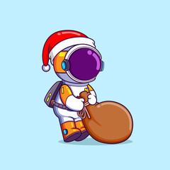 The santa astronaut is holding the many gift for the children in the big sack