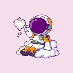 The happy astronaut is sitting on the cloud and making the love sign with the cloud