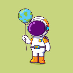 The cute astronaut is holding the big balloon with the earth maps