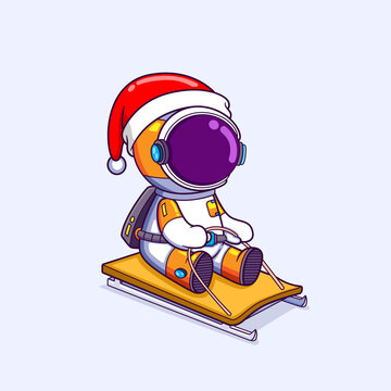 The astronaut is playing with the ice board and sliding on the snow