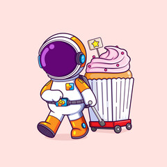 The astronaut is holding the cart of cupcake with the cream