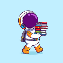 The clever astronaut is holding a lot of book from the library