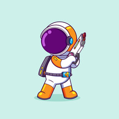 The astronaut is holding the shoot gun and ready for shooting