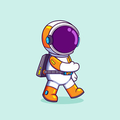 The cute astronaut is walking and stepping on the space