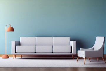 Minimalist modern interior scandinavian design. Beige studio living room. Light design large modular sofa, carpet, armchair, wooden lamp, green plants, dry grass, decor. 3d render. 3d illustration.