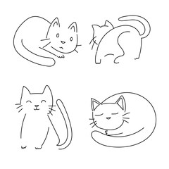 Minimalist cats hand drawing sets doodles in abstract style, black and white vector illustration.