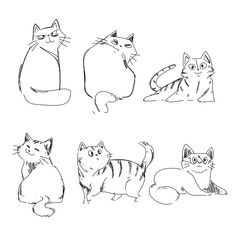 Minimalist cats hand drawing sets doodles in abstract style, black and white vector illustration.
