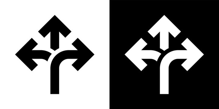 Three-way direction arrow icon vector in clipart concept. Crossroads sign symbol