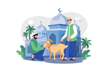 Muslim man purchasing goat for eid Illustration concept on white background