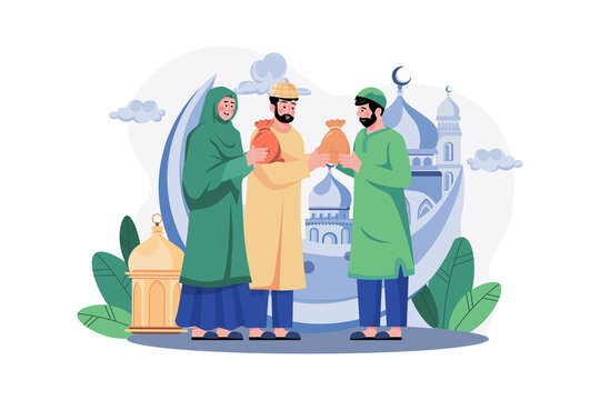 Muslim Couple Giving Zakat Illustration Concept On White Background