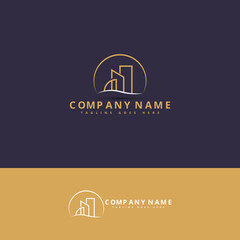 Vector logo on which an abstract image of a tall skyscraper in a linear style.