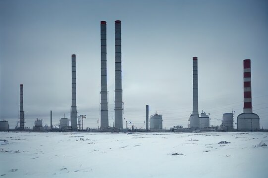 Winter Industrial Landscape. A View Of The Towers And Structures Of A Gas Pumping Station In The Tundra And A Large Combined Heat And Power Plant. Industry And Energy In The Arctic. Chukotka, Russia.