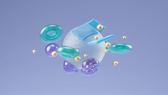 Abstract 3D Render. Background Animation. Motion Graphics. 4K Geometric Animation. Torus, sphere objects. Glass meterial. Gold spheres. Transapent materials.