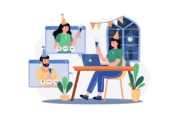 The group of friends video calls to celebrate New Year's Day