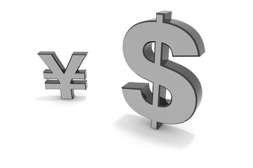 立体の￥の文字。立体の$の文字。円の価値が下がる。円安ドル高。