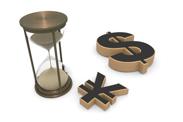 砂時計と立体の￥の文字。立体の$の文字。円の価値が下がる。円安ドル高。