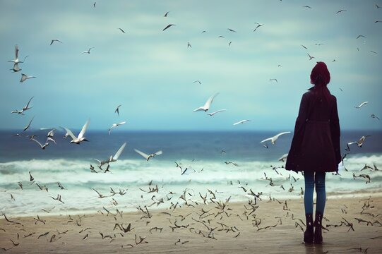 Young woman feeds seagulls at winter sea beach. Amazing coastline scene with girl. Concept of freedom, travel, flying. Lifestyle moment.