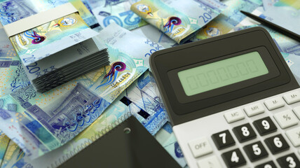 Kuwaiti dinar notes spread out  with a calculator, pen and notebook. 3d rendering