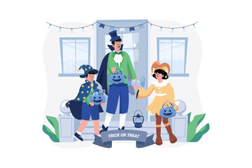 Dad and kids are doing trick or treat and having fun on Halloween