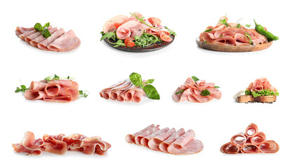 Set of of tasty ham isolated on white