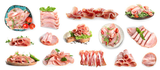 Set of of tasty ham isolated on white