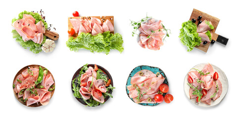 Set of of tasty ham with vegetables isolated on white, top view
