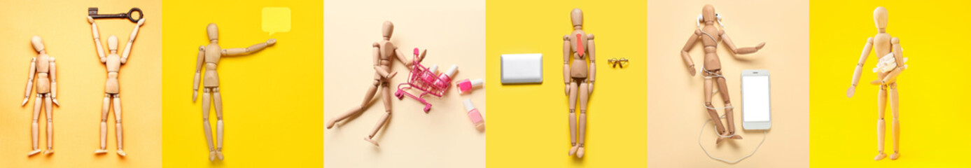 Collage of wooden mannequin with different items on color background, top view