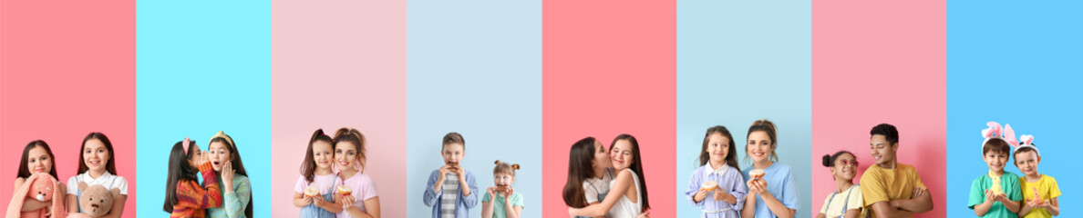 Collection of happy brothers and sisters on color background