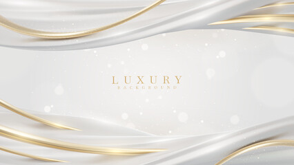 White background with golden curve line element and fluid with light effects decorations and bokeh. Realistic luxury modern design concept. Vector illustration.