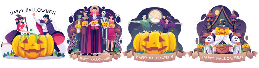 Set of Halloween concept illustration with People in costumes celebrating Halloween illustration