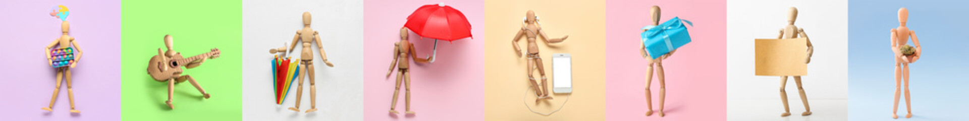 Collection of wooden mannequin with different items on color background