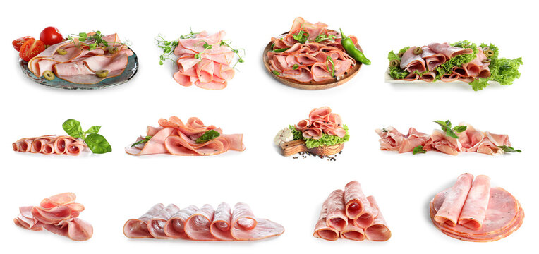 Set of of tasty ham isolated on white