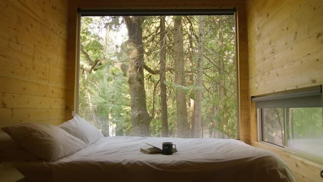 Sun light make their way through tall green pine trees in dense forest seen in large wall window of rustic small cabin. Empty room with bed at the window with scenic view, copy space travel background