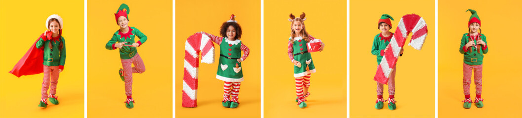 Set of cute little elves on yellow background - obrazy, fototapety, plakaty