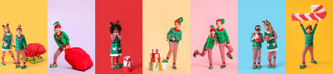 Set of cute little elves on colorful background - obrazy, fototapety, plakaty