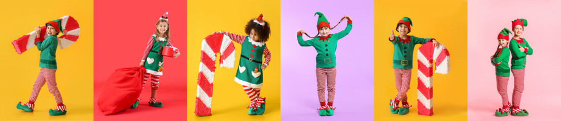 Set of cute little elves on colorful background - obrazy, fototapety, plakaty