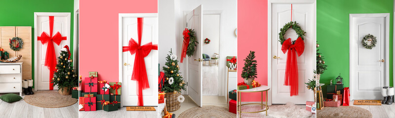 Collage of beautiful Christmas decorations in interiors of halls
