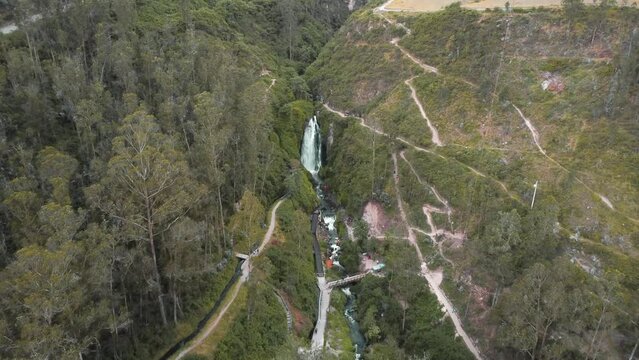 Aerial View Of Las Cascadas de Peguche In Otavalo With Dolly Forward Towards It