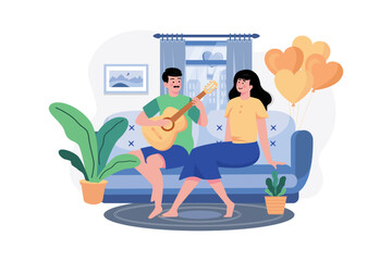 The boy plays the guitar for the girl to sing