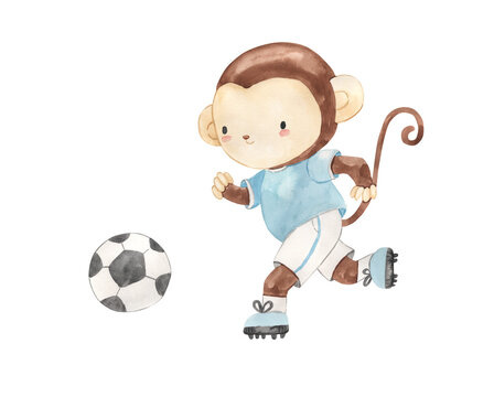 Watercolor monkey playing football illustration for kids