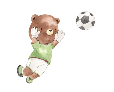 Watercolor bear goalkeeper playing football illustration for kids