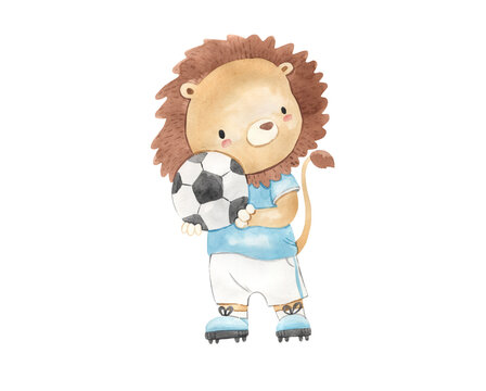 Watercolor lion playing football illustration for kids