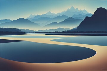 Empty square floor and river with mountains under blue sky