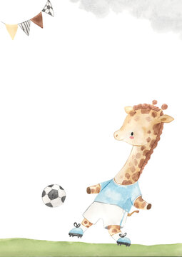 watercolor giraffe. Football template for nursery, baby shower, invitation for birthday party