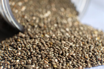 Selective focus of pile of chia seeds scattered on white background.