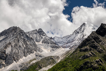 Fototapeta na wymiar Mountain peaks with snow in Yading national park, Daocheng, China. Horizontal image with copy space for text, panoramic, background