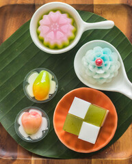 Layer Sweet Cake (Kanom Chan),Deletable Imitation Fruits (Kanom Look Choup),Phakakrong  sweet Thai dessert in wood ะพฟั.
