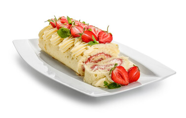 Plate of delicious strawberry roll cake isolated on white background