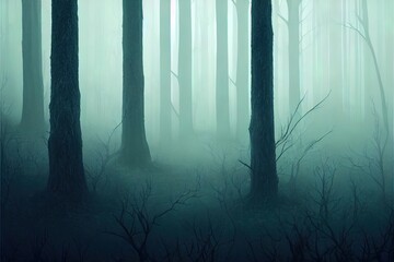 Spooky forest concept 3D illustration of dark misty forest